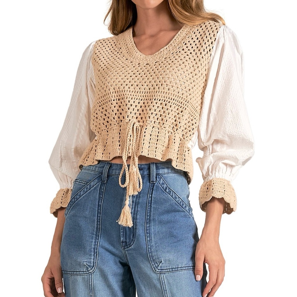 Elan Beige Crochet Knit Top with White Sleeves